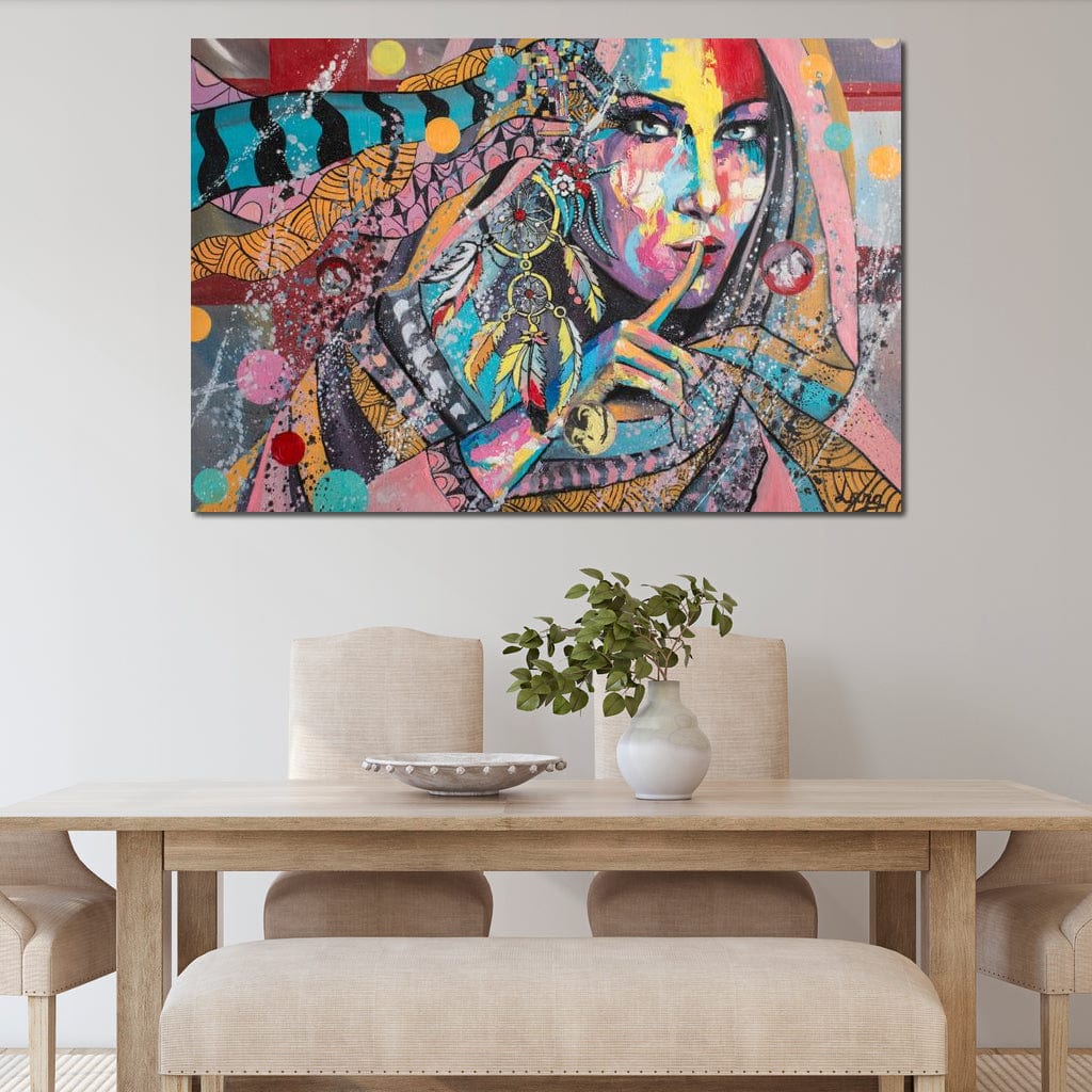 Tablou canvas cu chip de femeie si simboluri tribale, tablou canvas pentru perete