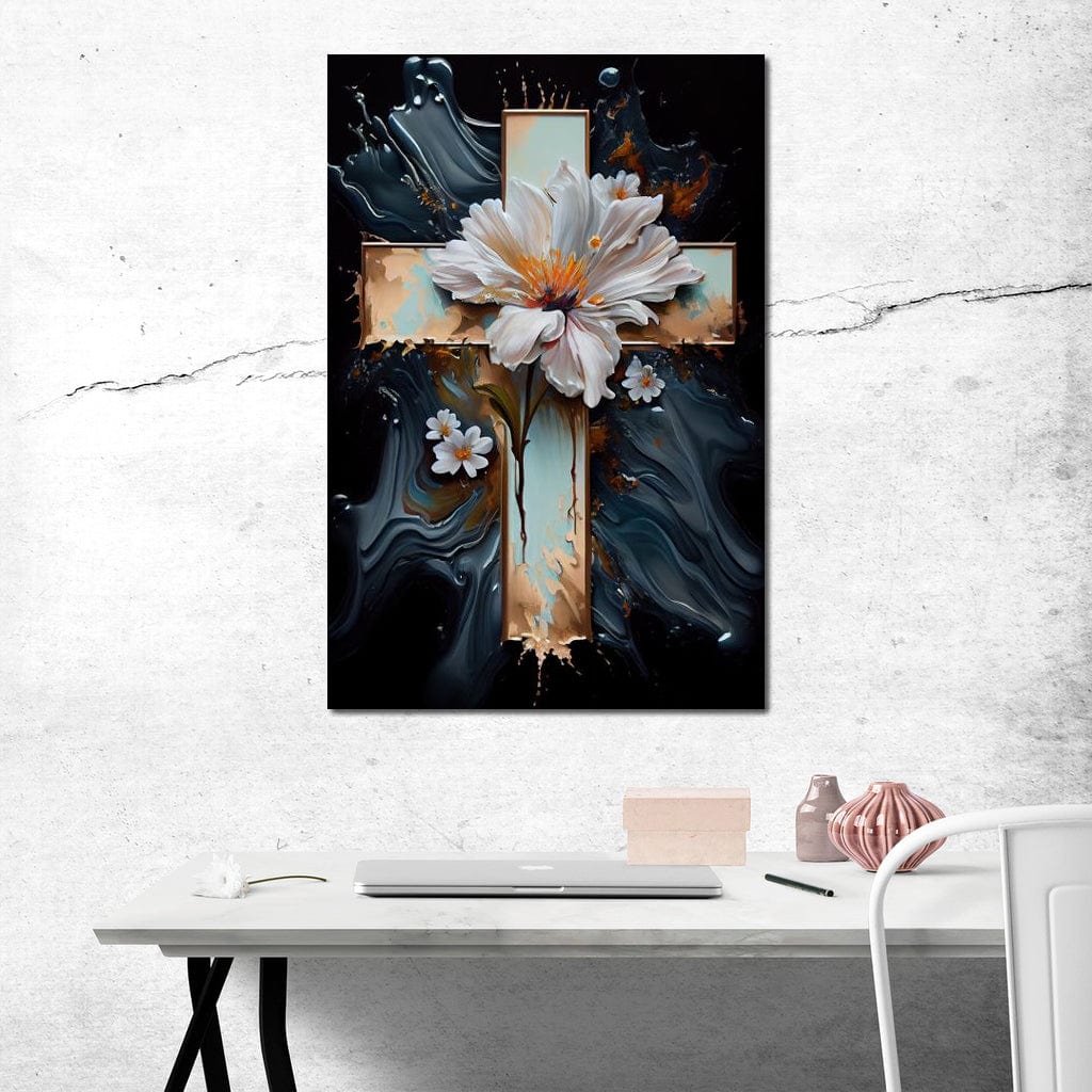 Tablou canvas cu o cruce si flori albe, tablou canvas pentru perete