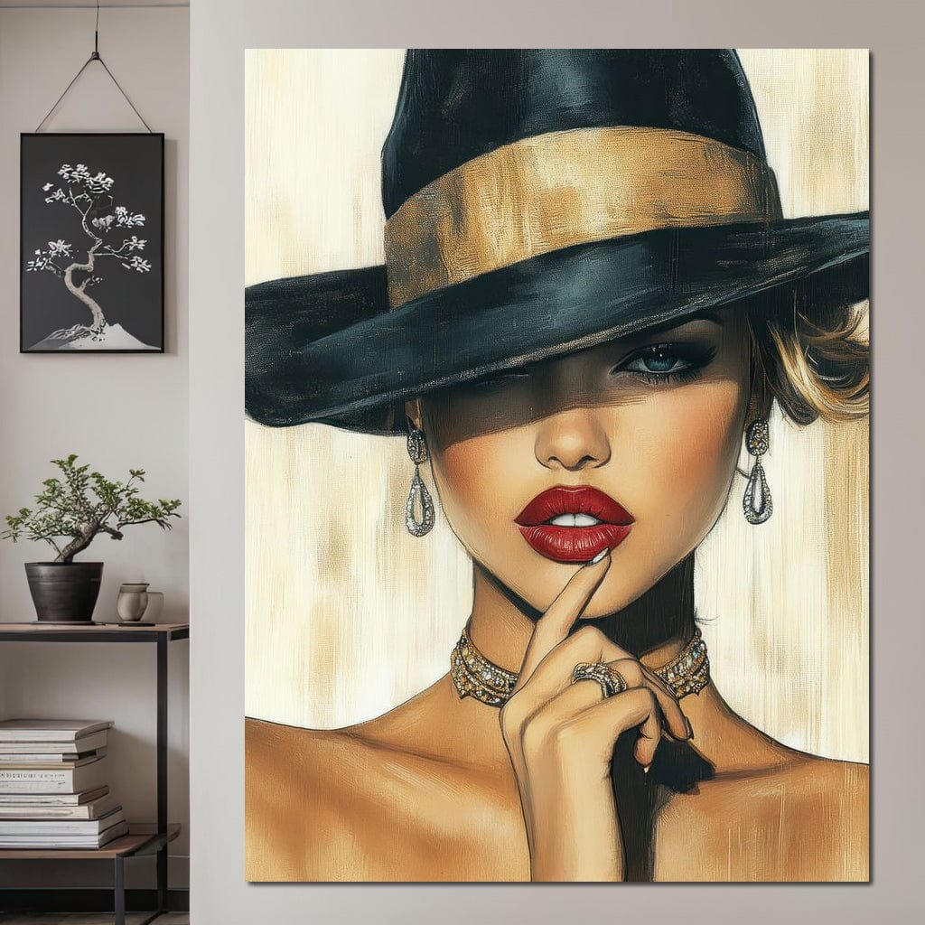 Tablou canvas cu portret feminin si palarie neagra, tablou canvas pentru perete