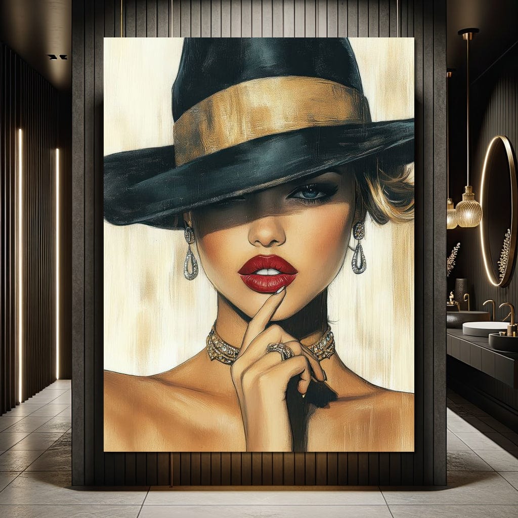 Tablou canvas decorativ cu tablou canvas cu portret feminin si palarie neagra