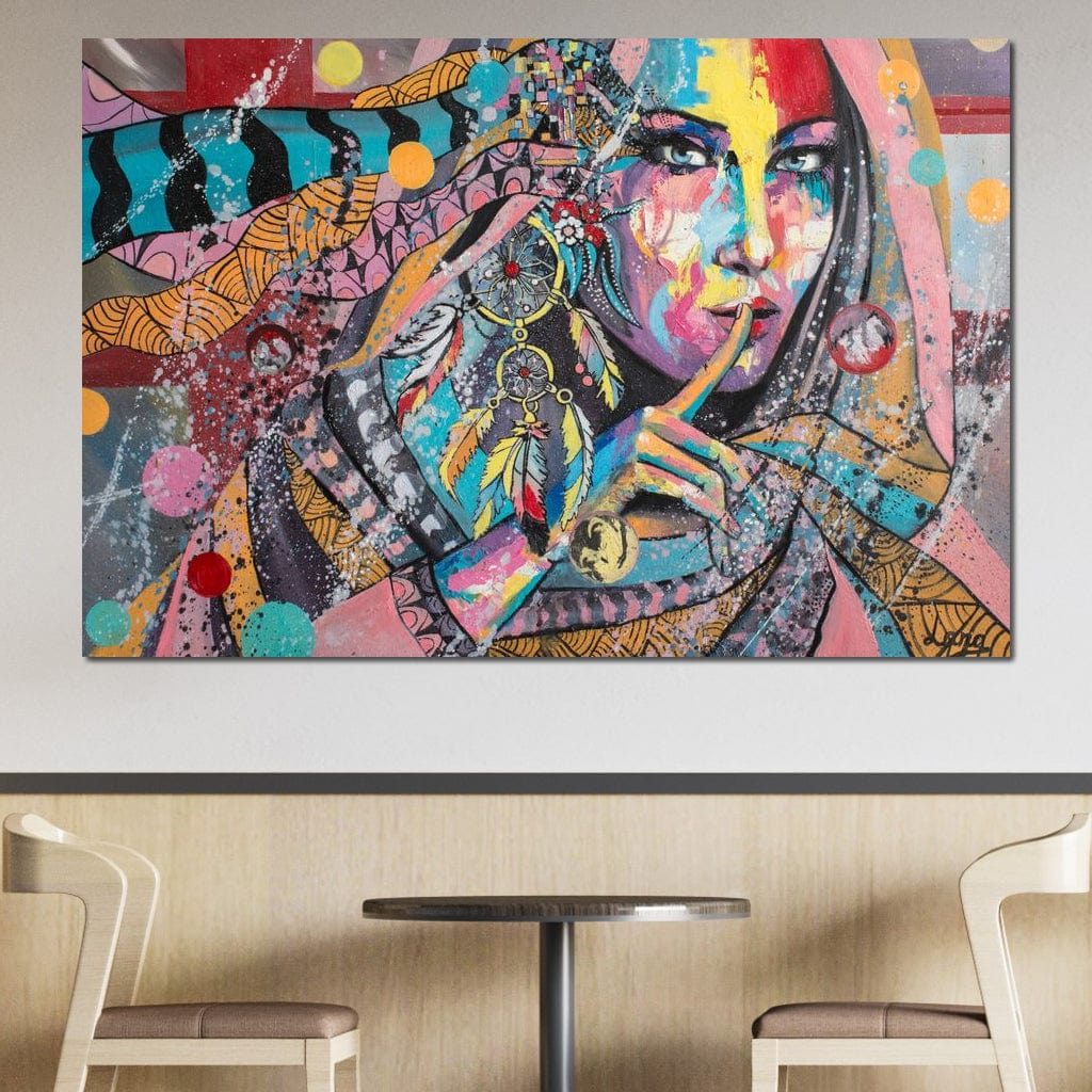 Tablou canvas cu chip de femeie si simboluri tribale, tablou canvas pentru perete