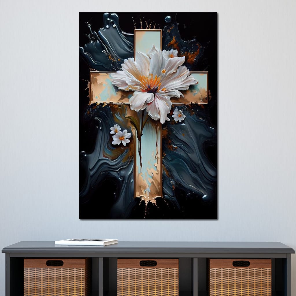 Tablou canvas cu tablou canvas cu o cruce si flori albe