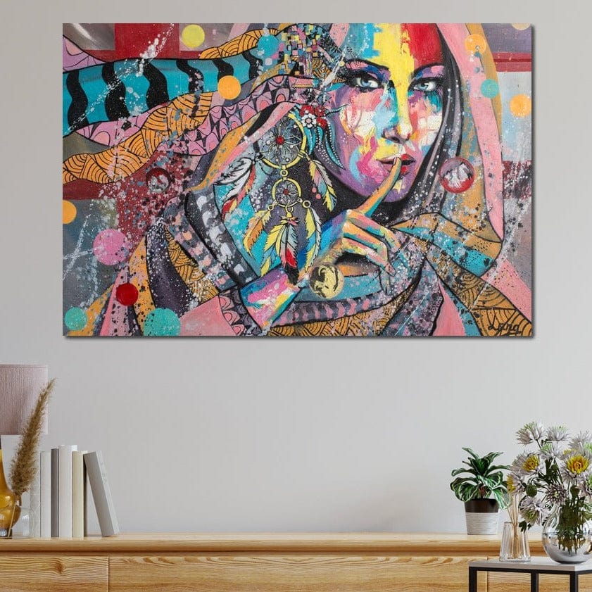 Tablou canvas decorativ cu tablou canvas cu chip de femeie si simboluri tribale