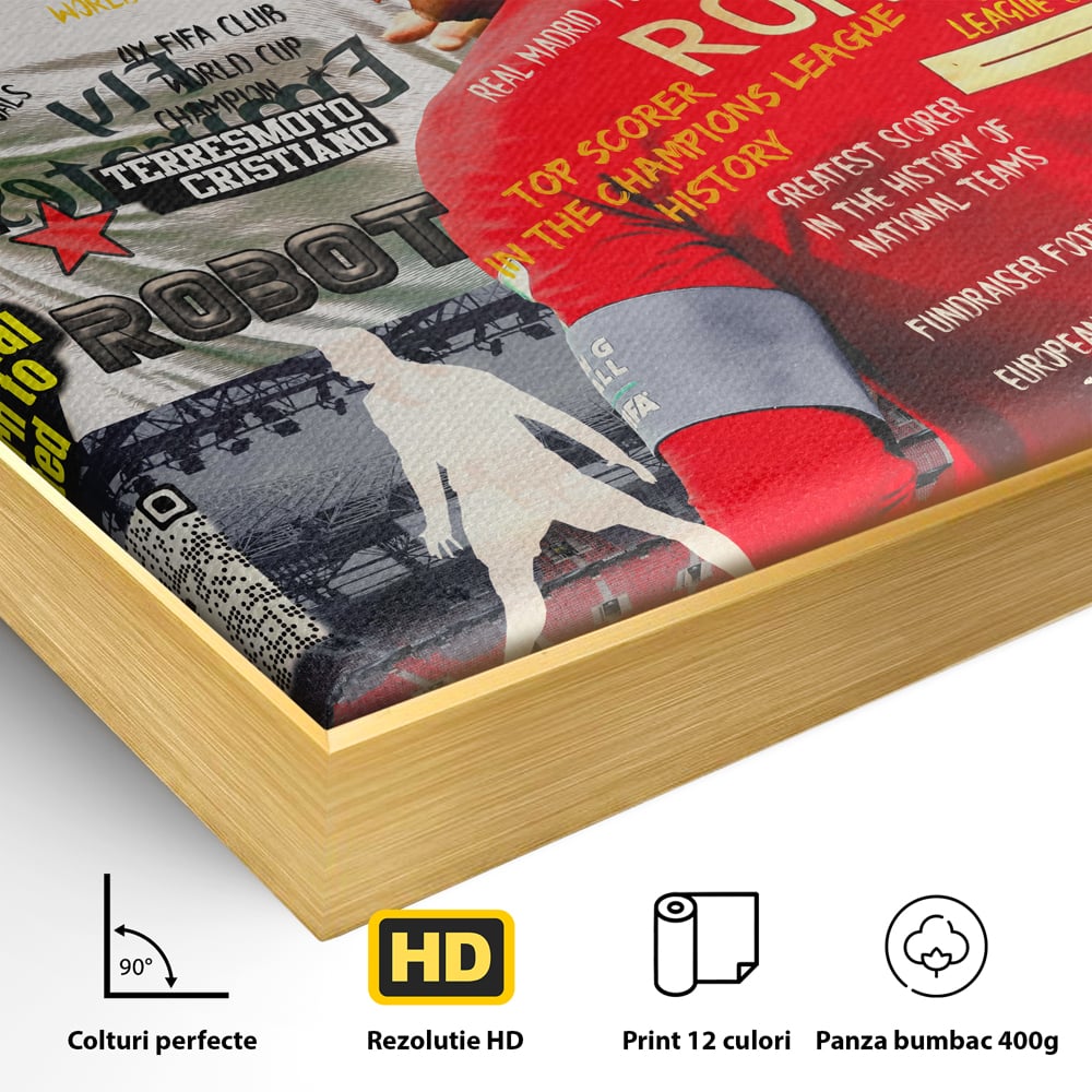Detaliu al suprafetei: tablou canvas cu cristiano ronaldo, in rama de aluminiu auriu