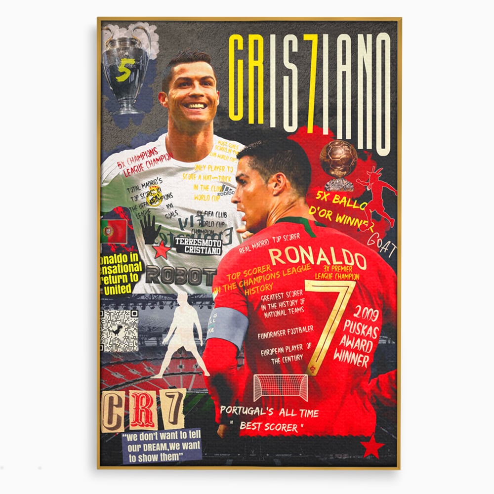 Tablou canvas cu tablou canvas cu cristiano ronaldo, in rama de aluminiu auriu