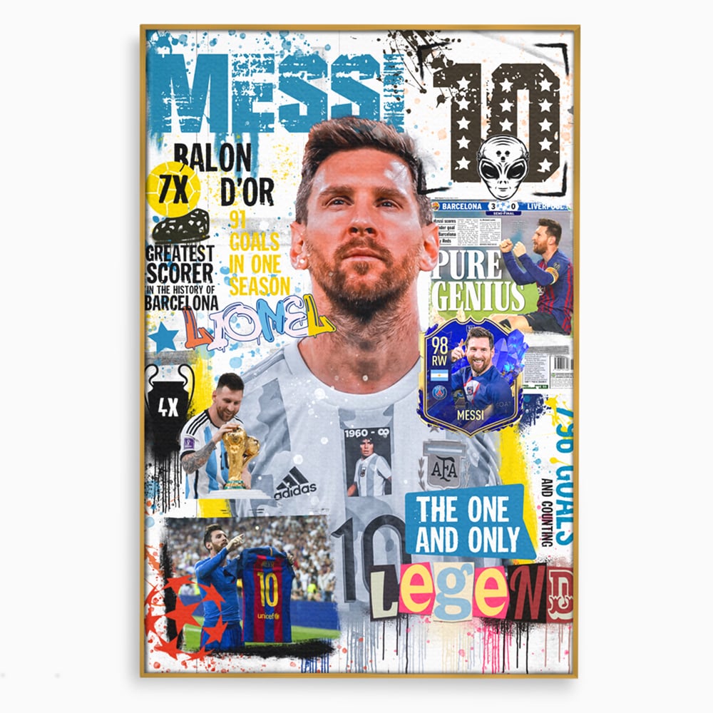 Tablou canvas cu tablou canvas cu lionel messi, in rama de aluminiu auriu