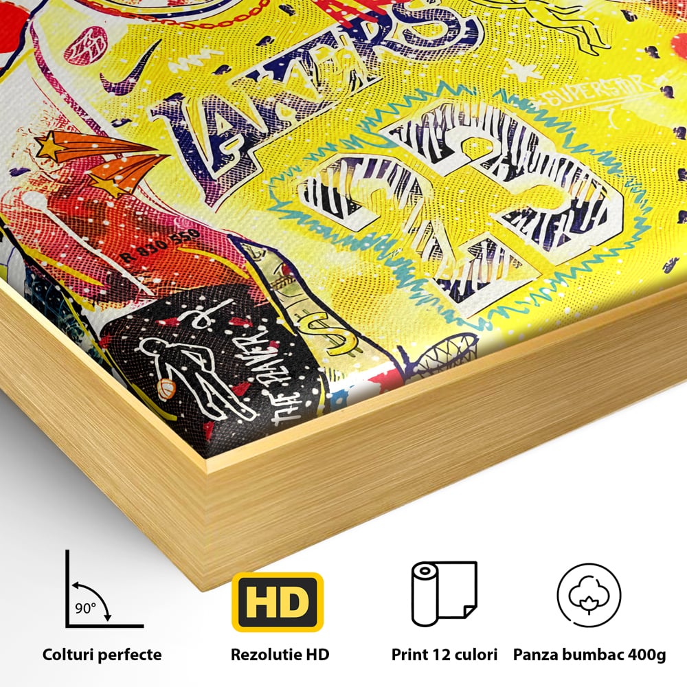 Detaliu al suprafetei: tablou canvas cu portretul lui lebron james, in rama de aluminiu auriu
