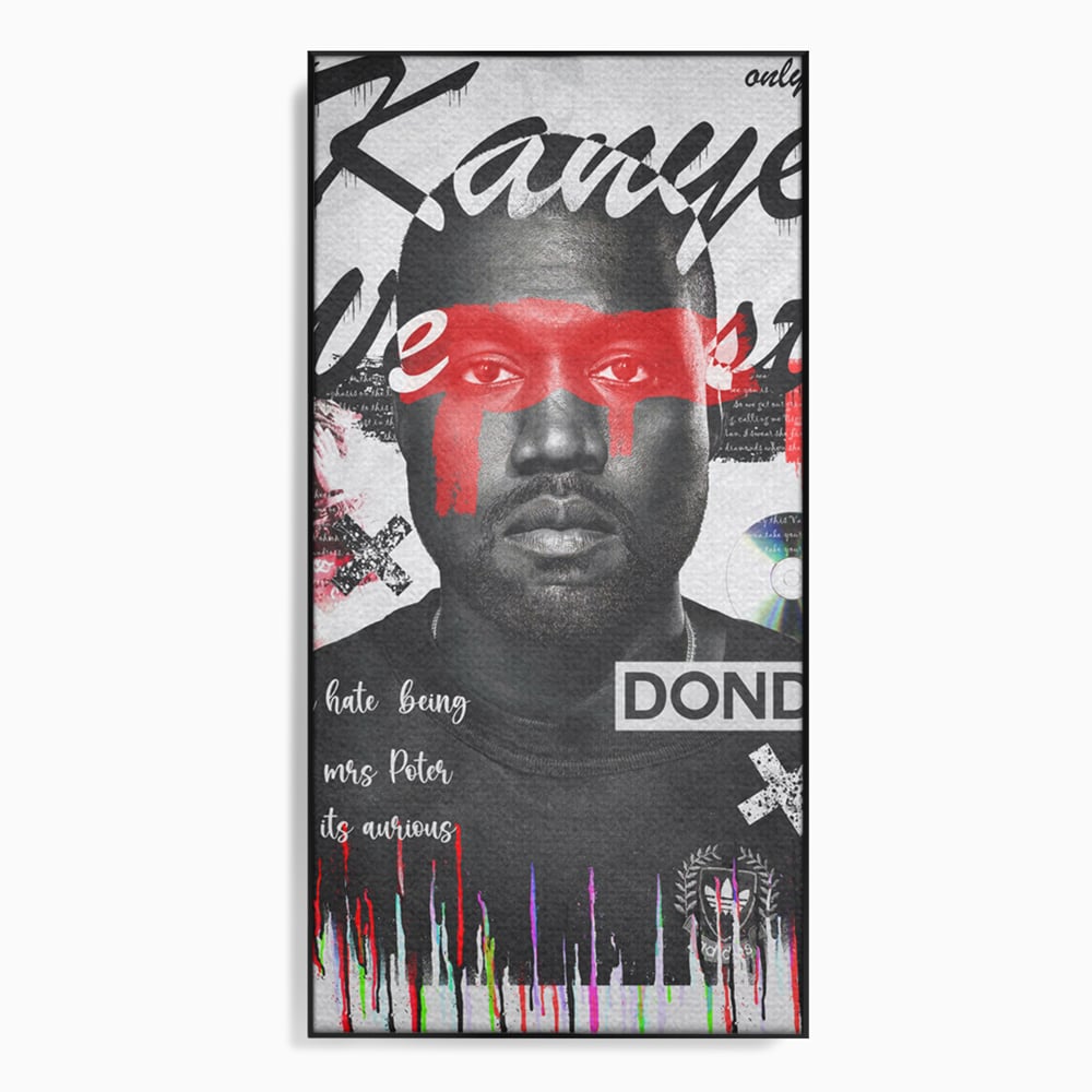 Tablou canvas cu tablou canvas cu portretul stilizat al lui kanye west, in rama de aluminiu negru