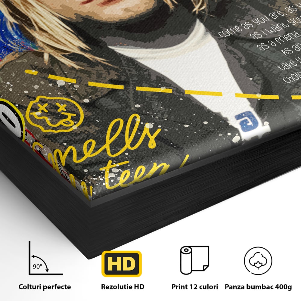 Detaliu al suprafetei: tablou canvas cu portretul lui kurt cobain, in rama de aluminiu negru
