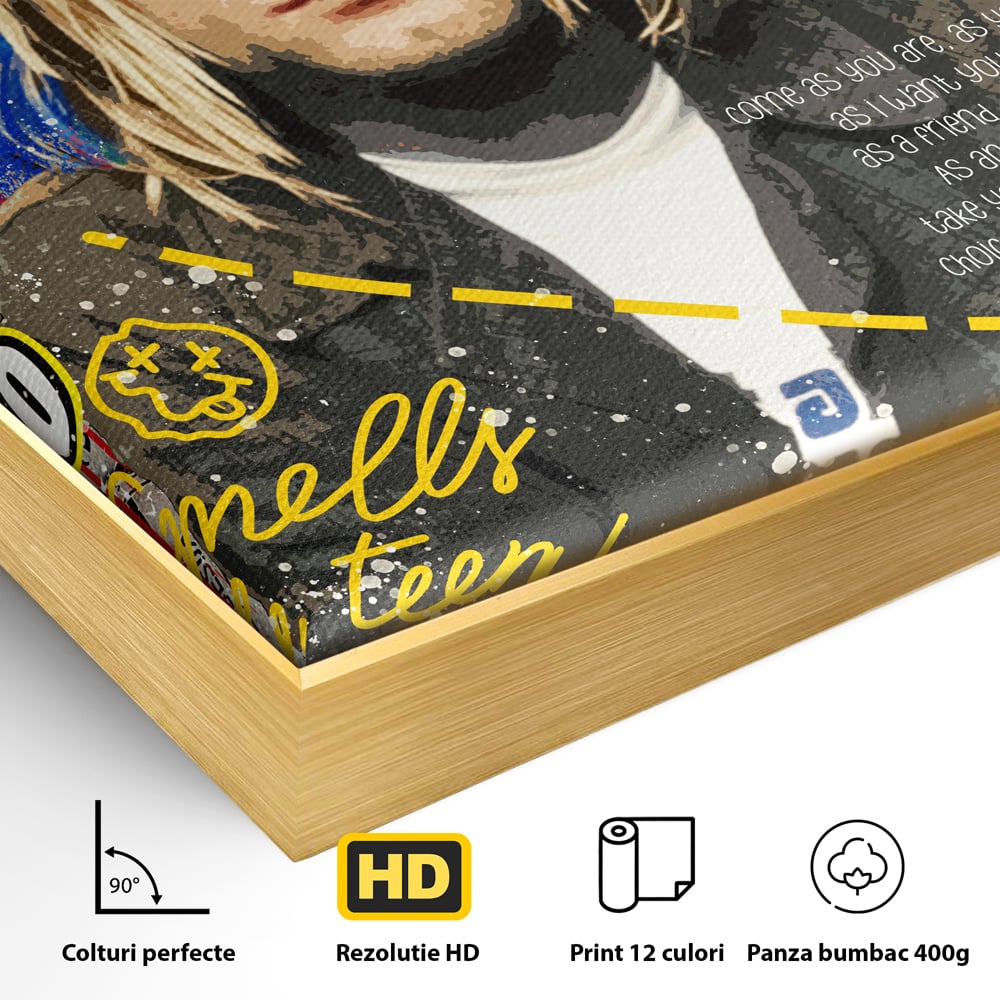 Detaliu al suprafetei: tablou canvas cu portretul lui kurt cobain, in rama de aluminiu auriu
