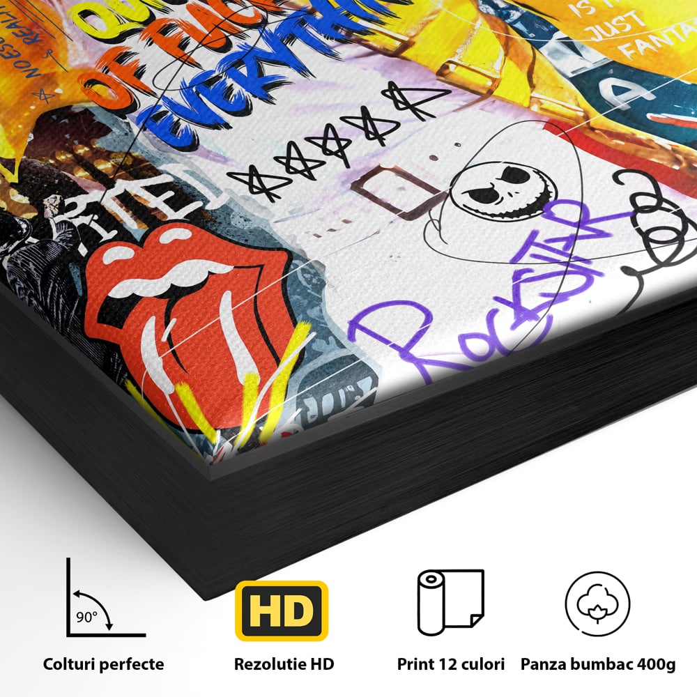 Detaliu al suprafetei: tablou canvas cu freddie mercury stil grafitti, in rama de aluminiu negru