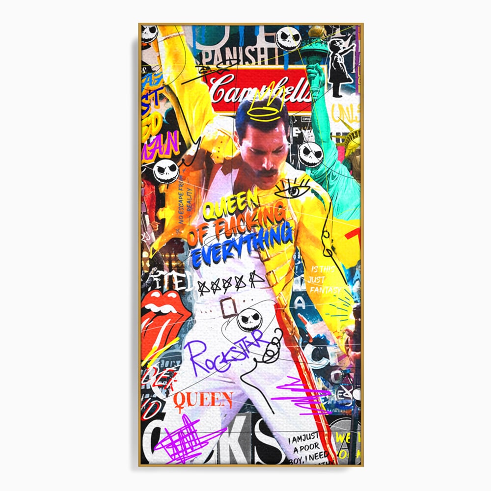 Tablou canvas cu tablou canvas cu freddie mercury stil grafitti, in rama de aluminiu auriu