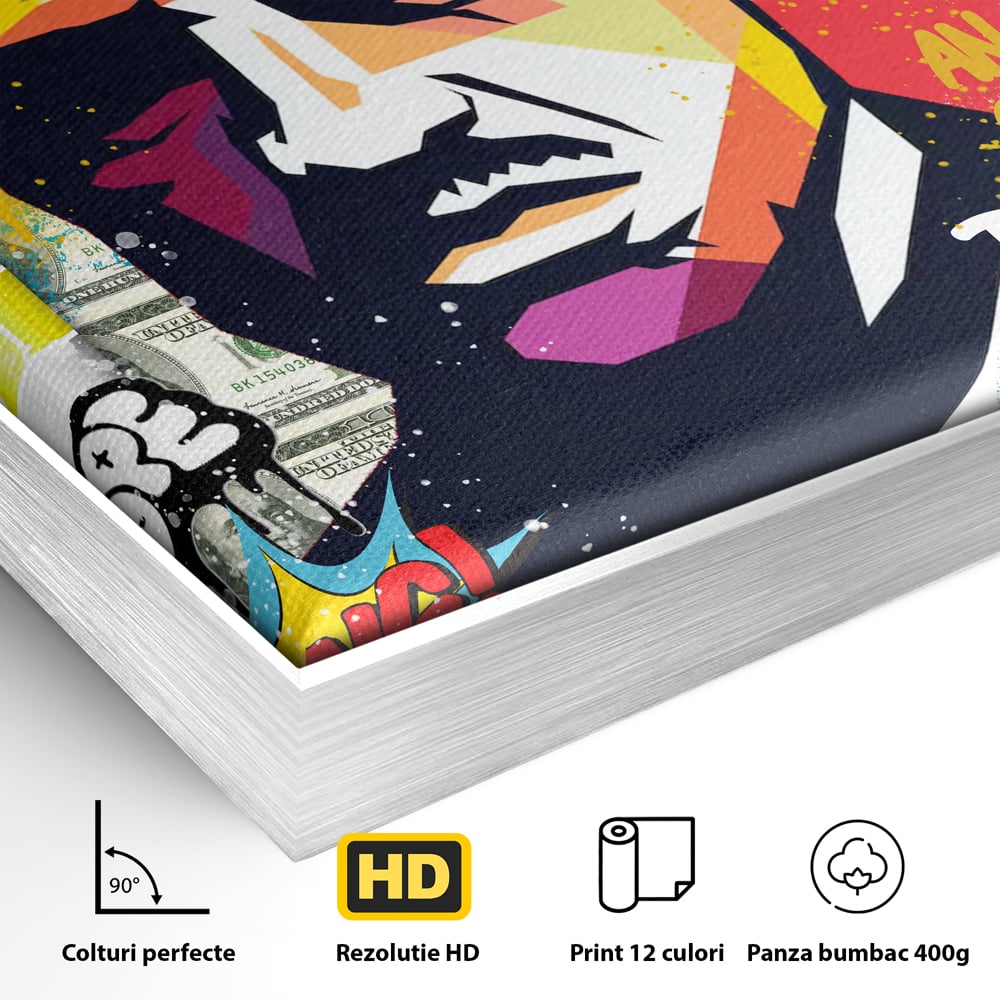 Detaliu al suprafetei: tablou canvas portret mafiot stil pop art, in rama de aluminiu argintiu