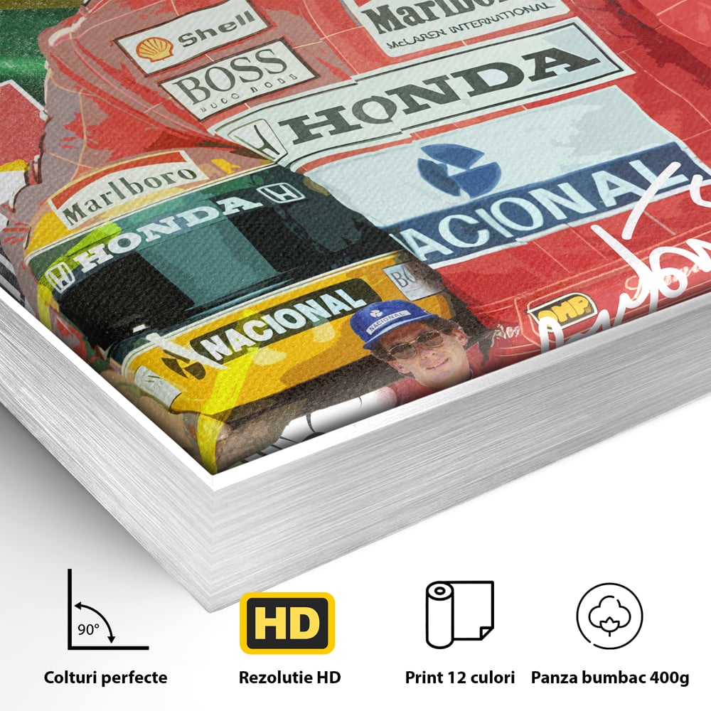 Detaliu al suprafetei: tablou canvas cu pilotul ayrton senna, in rama de aluminiu argintiu