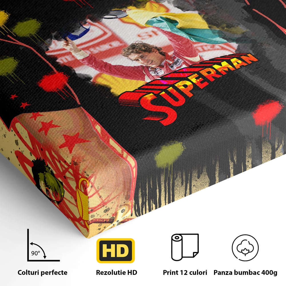 Detaliu al suprafetei: tablou canvas cu ayrton senna, fara rama, pe sasiu de lemn