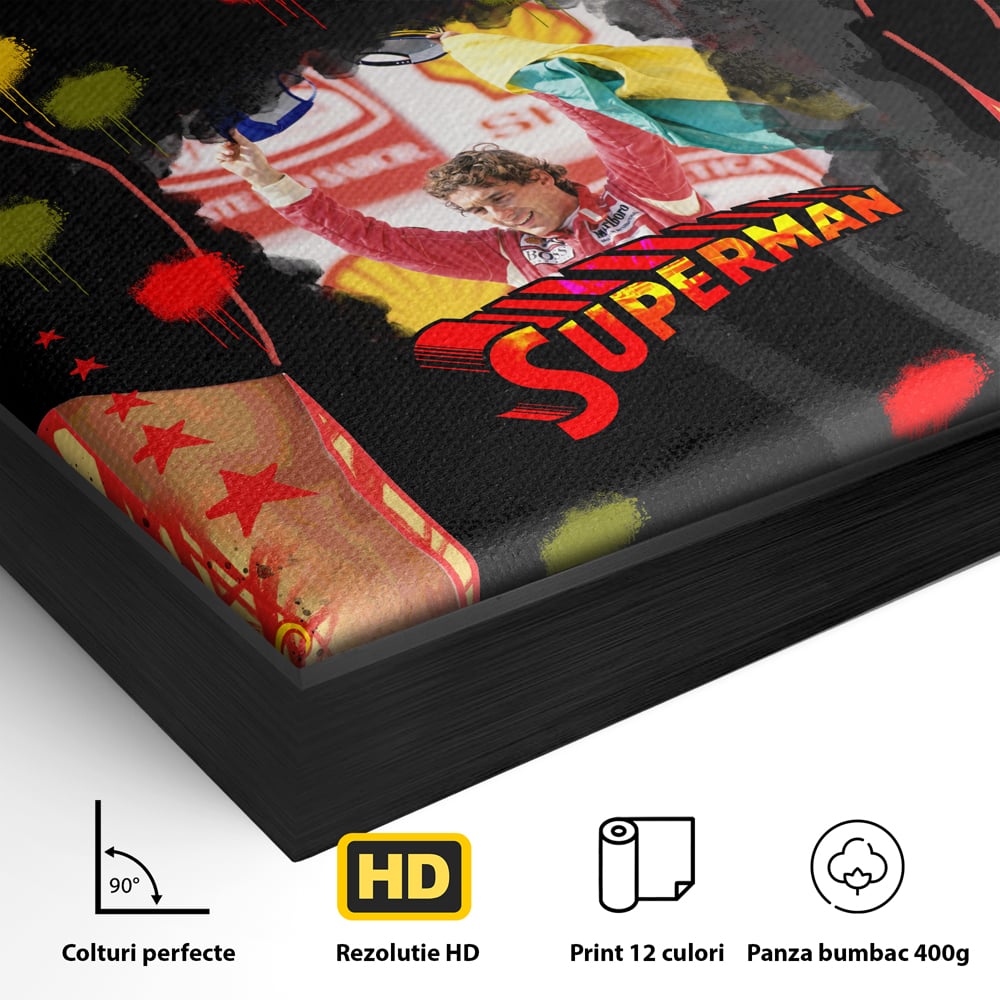 Detaliu al suprafetei: tablou canvas cu ayrton senna, in rama de aluminiu negru