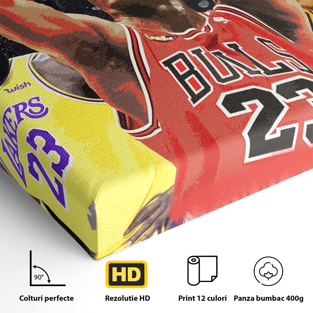 Detaliu al suprafetei: tablou canvas cu michael jordan in actiune, fara rama, pe sasiu de lemn