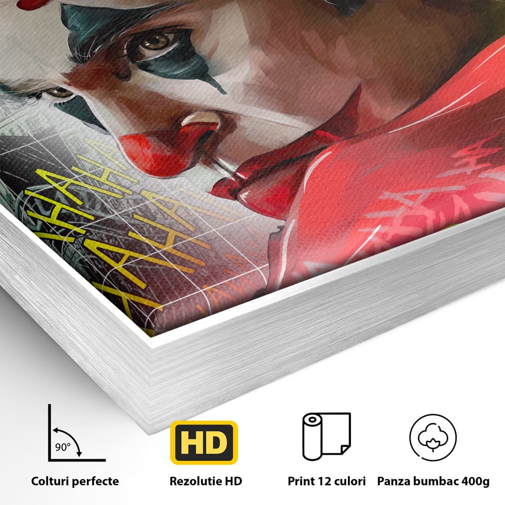 Detaliu al suprafetei: tablou canvas cu portret joker, in rama de aluminiu argintiu