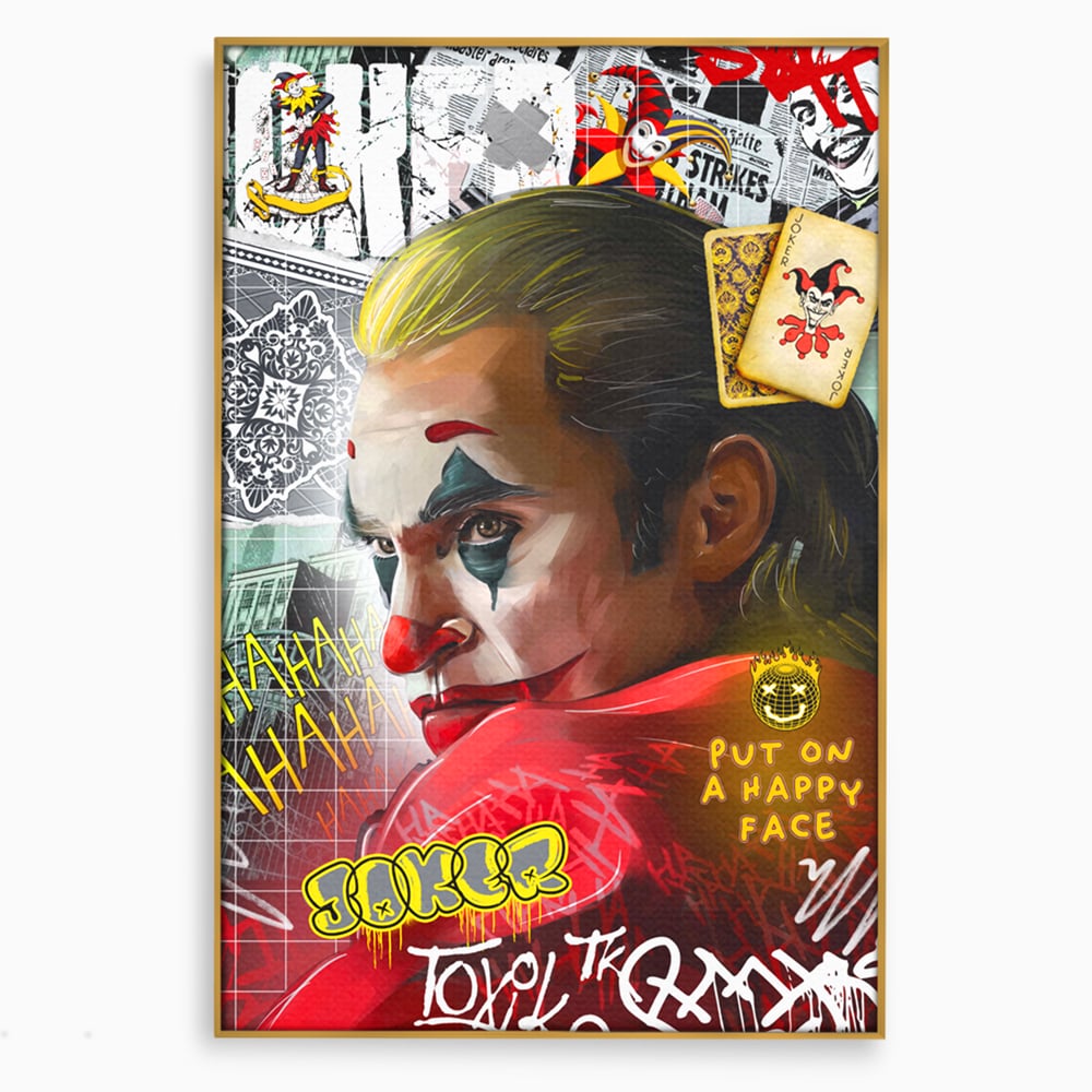 Tablou canvas cu tablou canvas cu portret joker, in rama de aluminiu auriu
