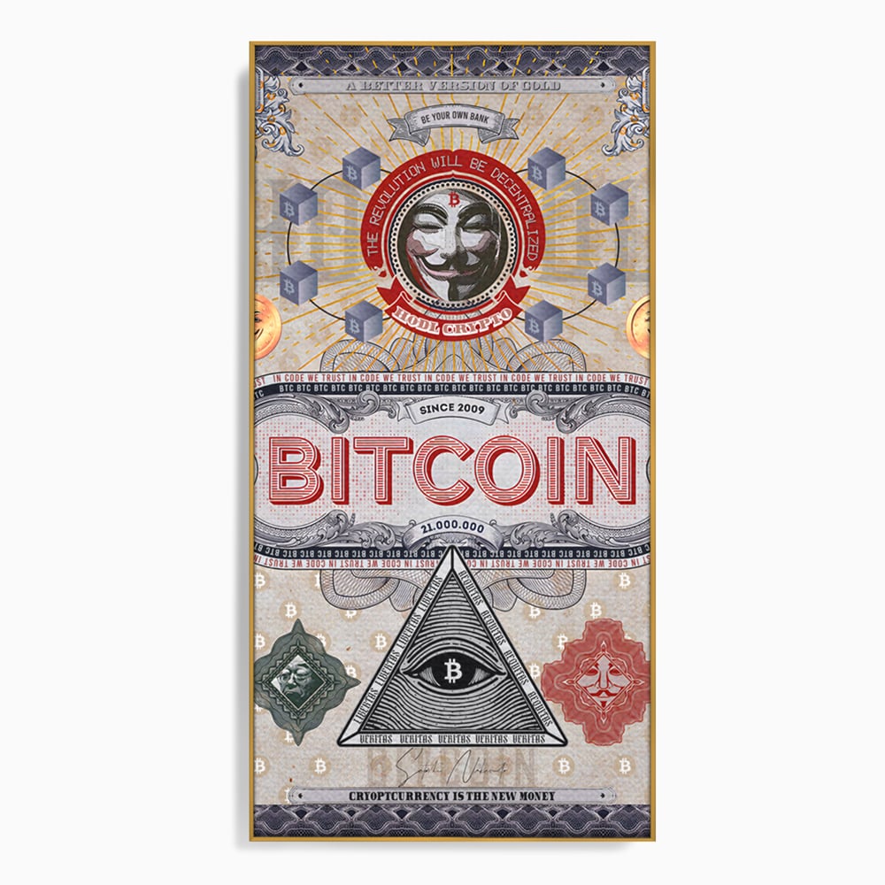Tablou canvas cu ilustratie digitala cu tema bitcoin si criptomonede, in rama de aluminiu auriu