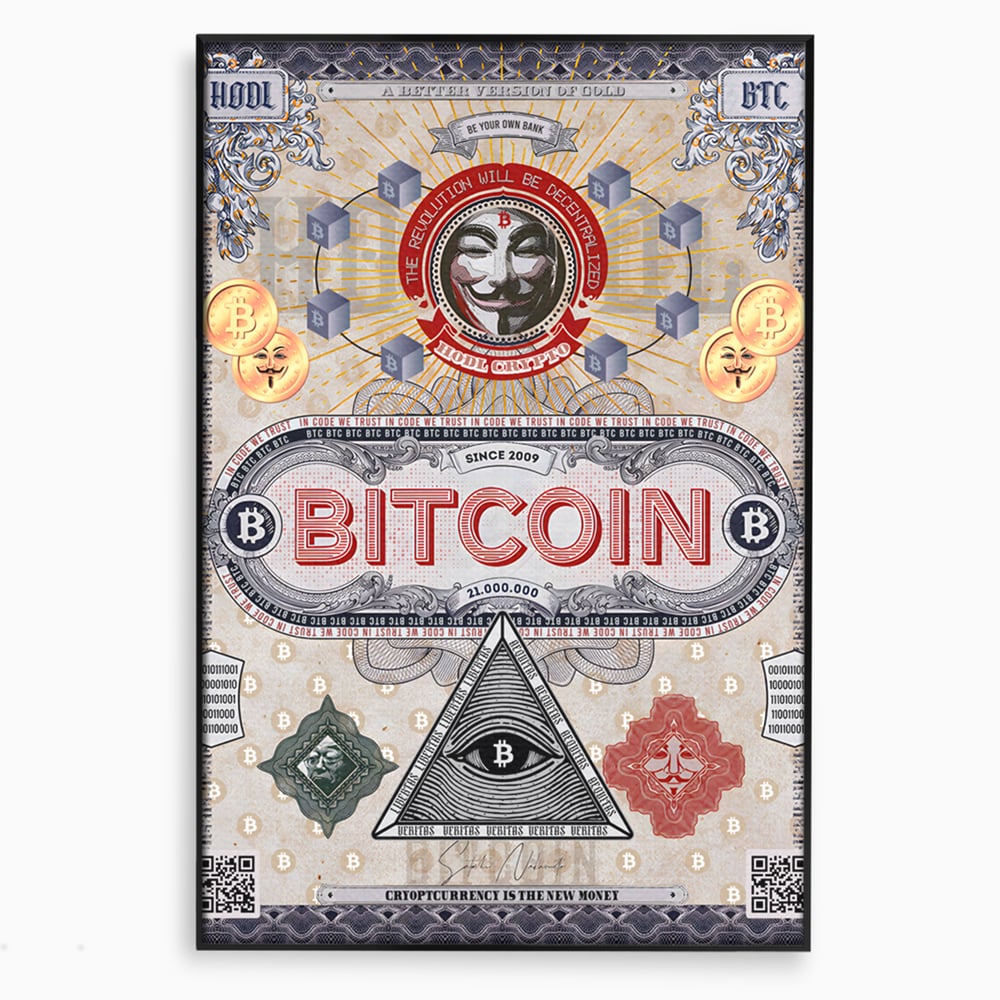 Tablou canvas cu ilustratie digitala cu tema bitcoin si criptomonede, in rama de aluminiu negru