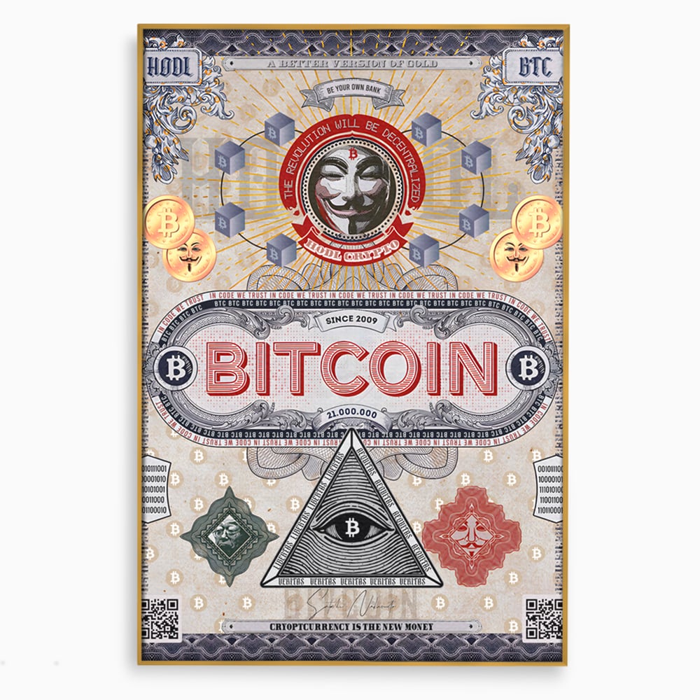 Tablou canvas cu ilustratie digitala cu tema bitcoin si criptomonede, in rama de aluminiu auriu