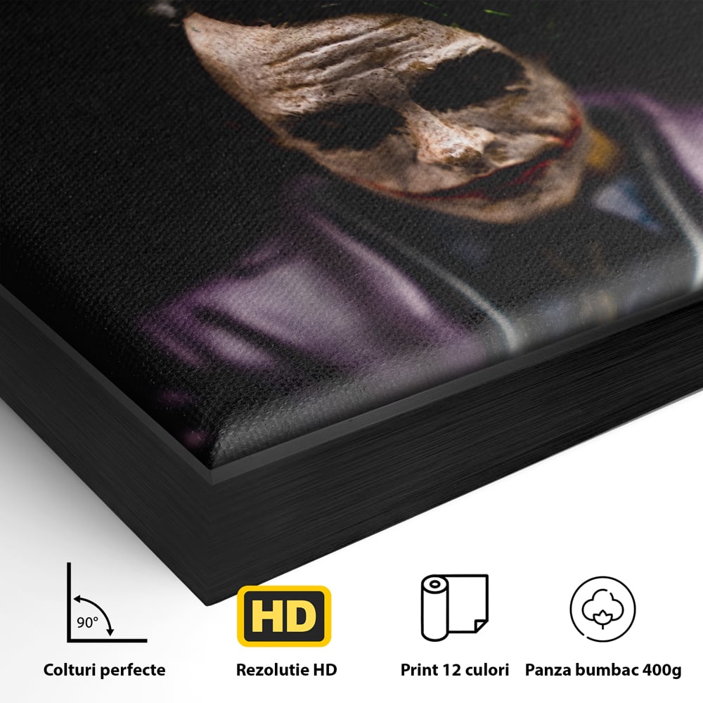 Detaliu al suprafetei: tablou canvas cu joker si mesaj motivational, in rama de aluminiu negru