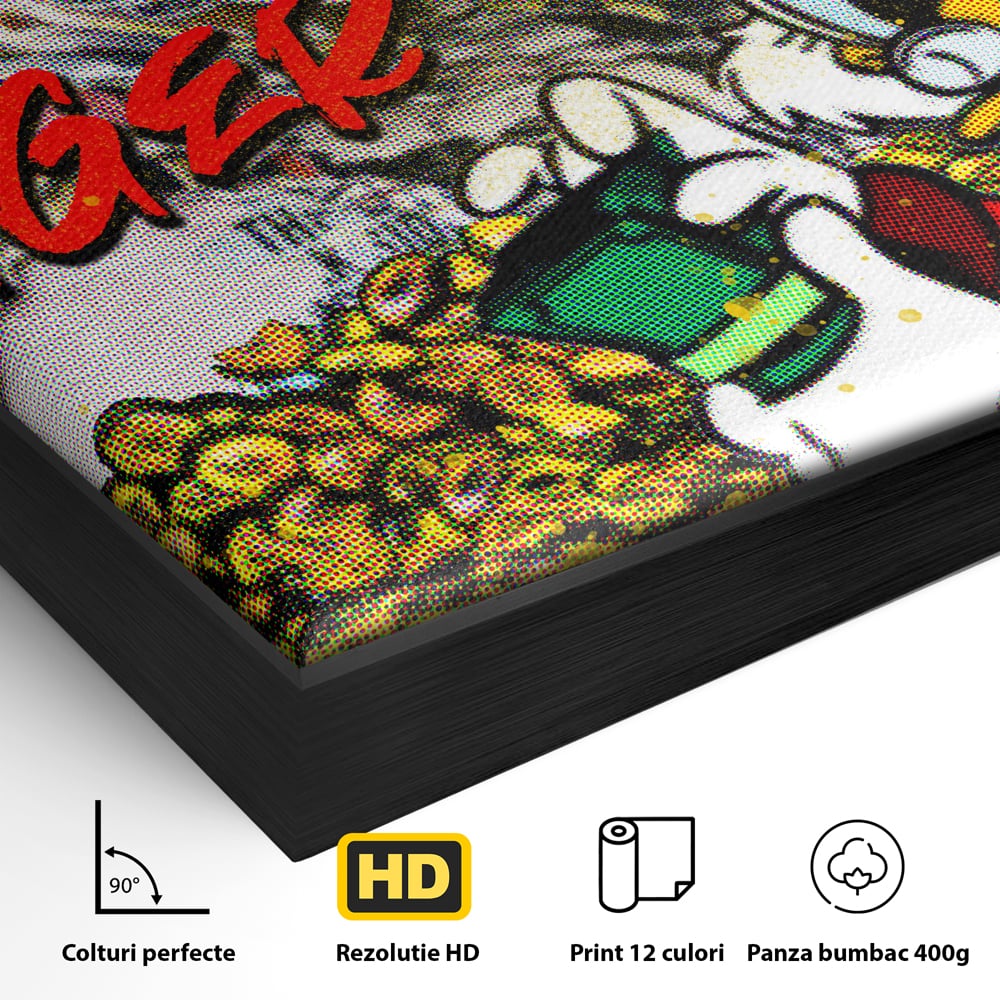 Detaliu al suprafetei: tablou canvas cu scrooge mcduck si bani, in rama de aluminiu negru