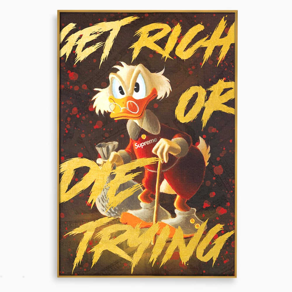 Tablou canvas cu tablou canvas cu scrooge mcduck, in rama de aluminiu auriu