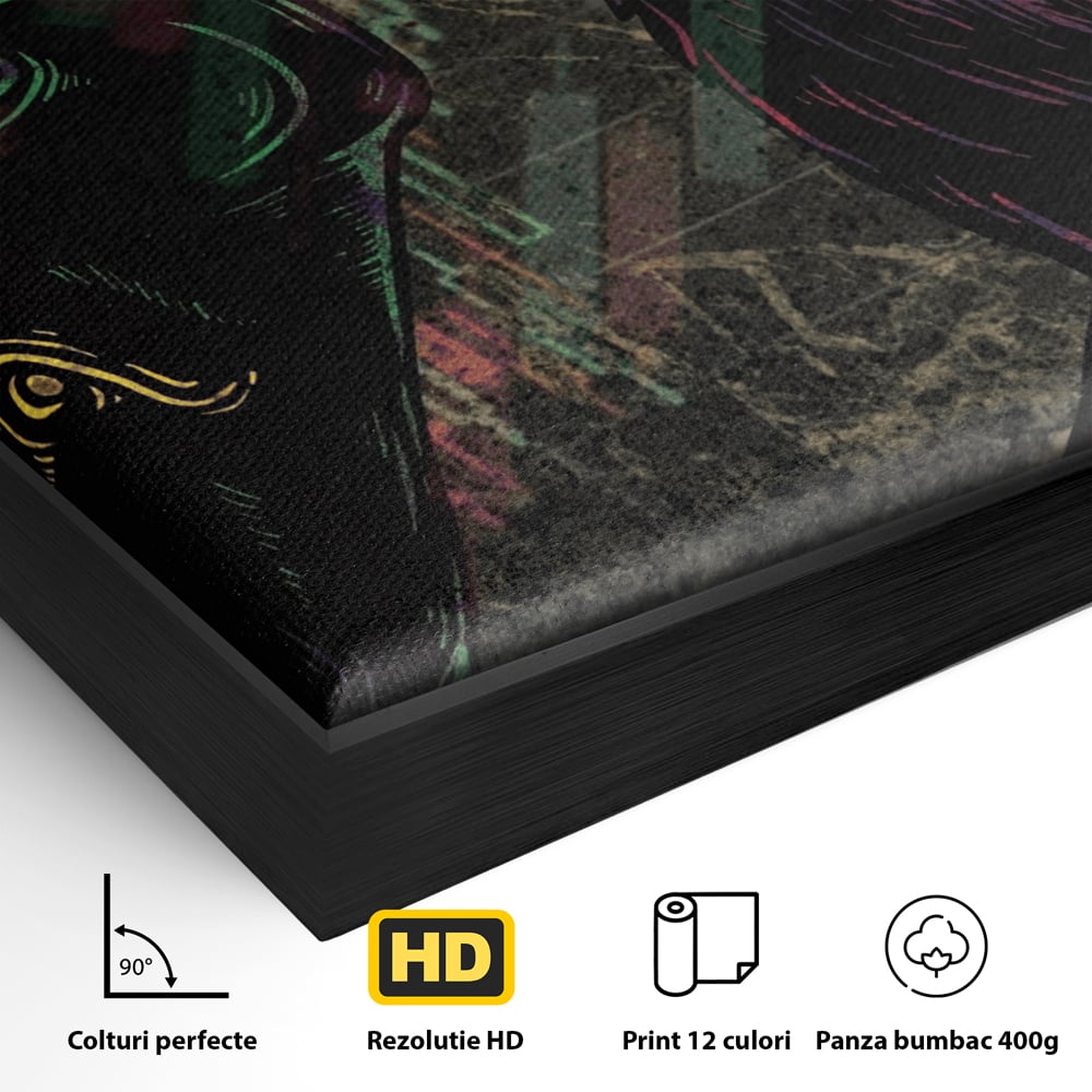 Detaliu al suprafetei: ilustratie digitala cu taur si urs, in rama de aluminiu negru