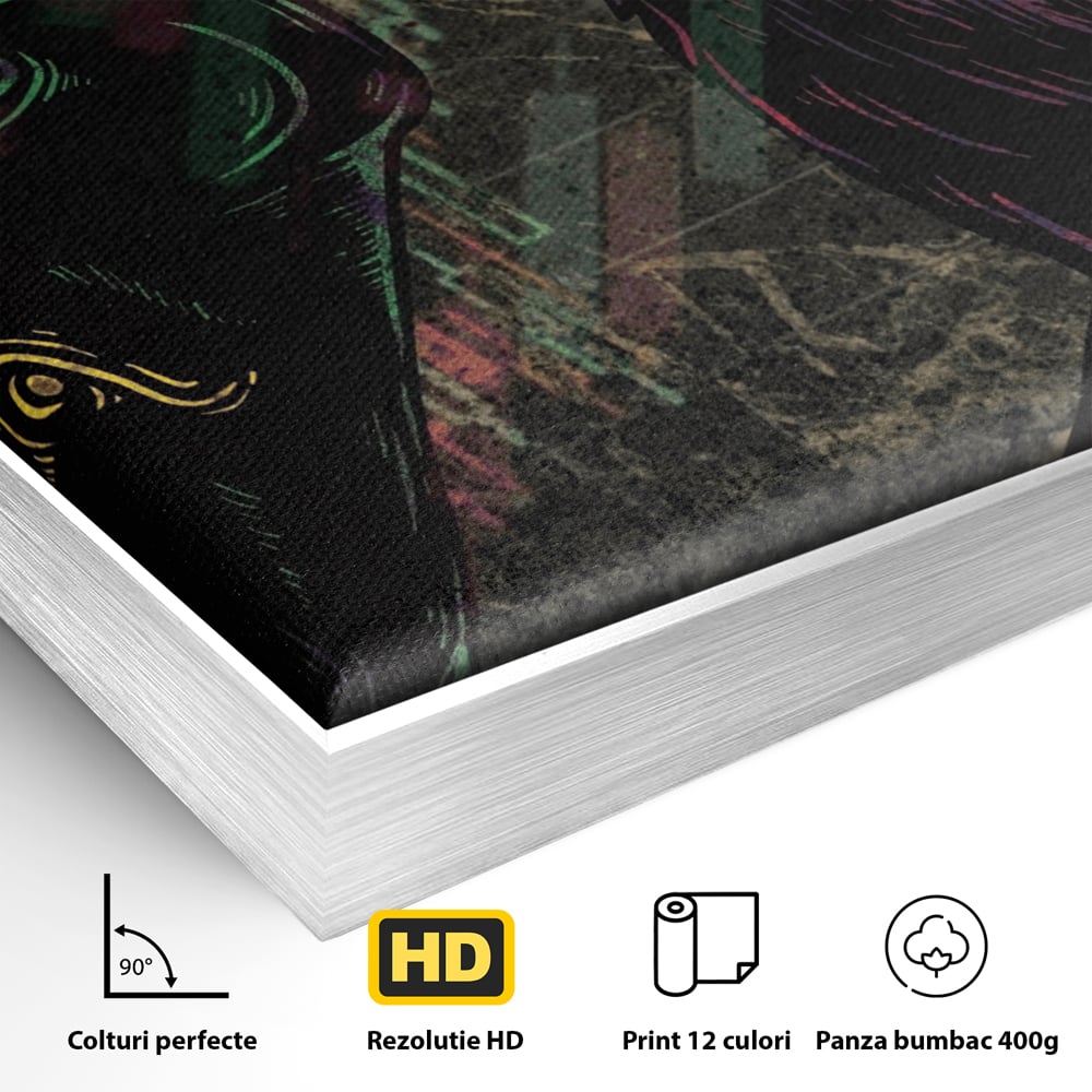 Detaliu al suprafetei: ilustratie digitala cu taur si urs, in rama de aluminiu argintiu