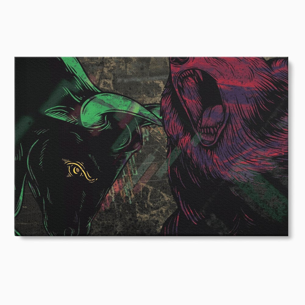 Tablou canvas cu ilustratie digitala cu taur si urs, fara rama, pe sasiu de lemn