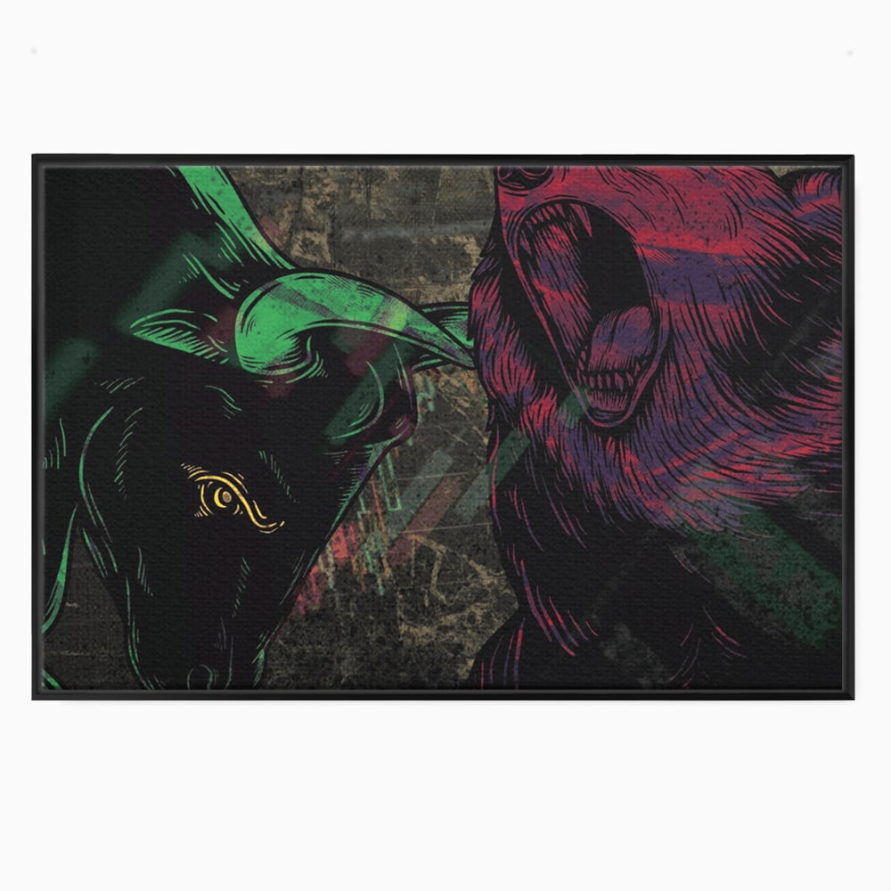 Tablou canvas cu ilustratie digitala cu taur si urs, in rama de aluminiu negru