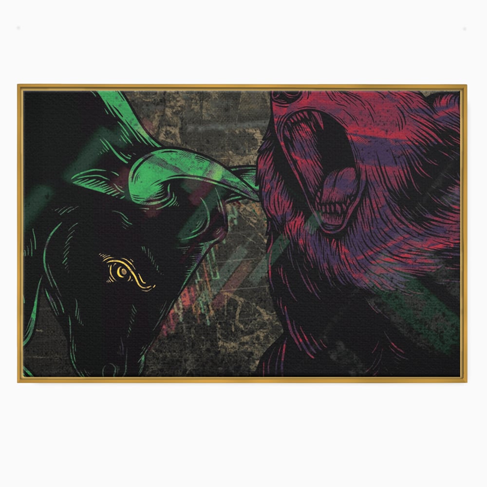 Tablou canvas cu ilustratie digitala cu taur si urs, in rama de aluminiu auriu