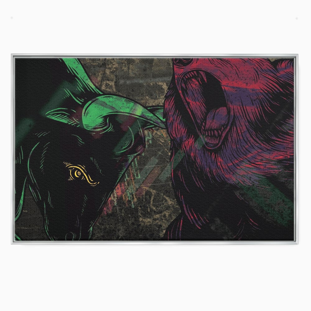 Tablou canvas cu ilustratie digitala cu taur si urs, in rama de aluminiu argintiu
