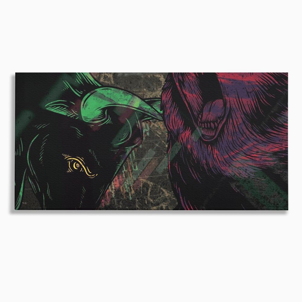 Tablou canvas cu ilustratie digitala cu taur si urs, fara rama, pe sasiu de lemn