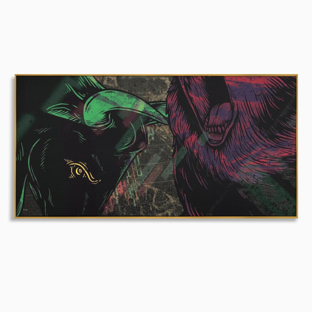 Tablou canvas cu ilustratie digitala cu taur si urs, in rama de aluminiu auriu