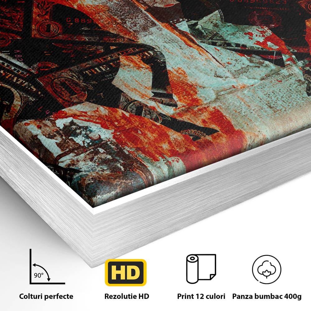 Detaliu al suprafetei: tablou canvas cu tauri din bancnote, in rama de aluminiu argintiu
