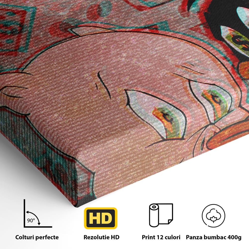 Detaliu al suprafetei: tablou canvas cu daffy duck si porky pig, fara rama, pe sasiu de lemn