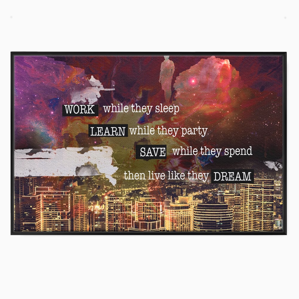 Tablou canvas cu tablou motivational cu oras si cer cosmic, in rama de aluminiu negru