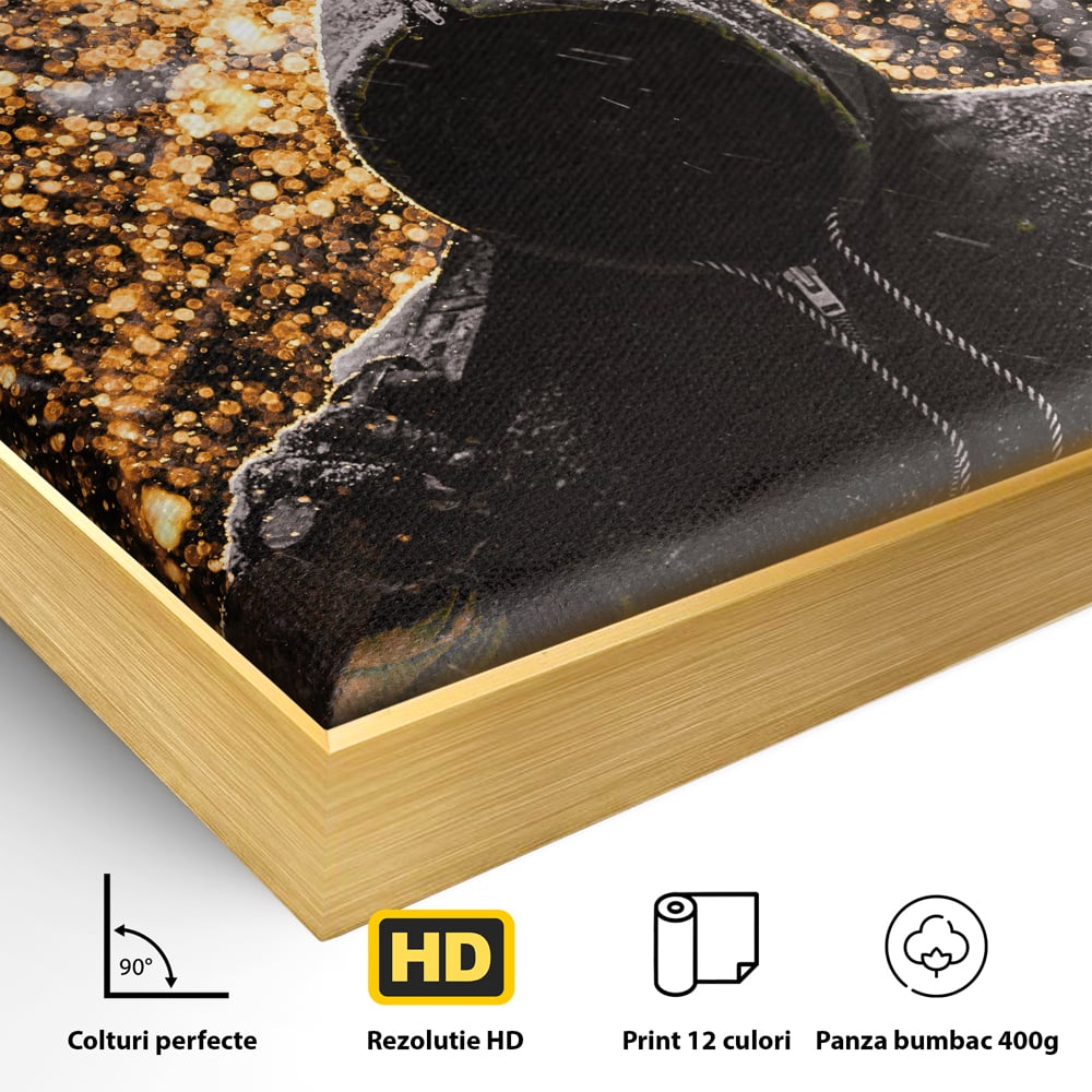 Detaliu al suprafetei: tablou canvas cu silueta motivationala, in rama de aluminiu auriu
