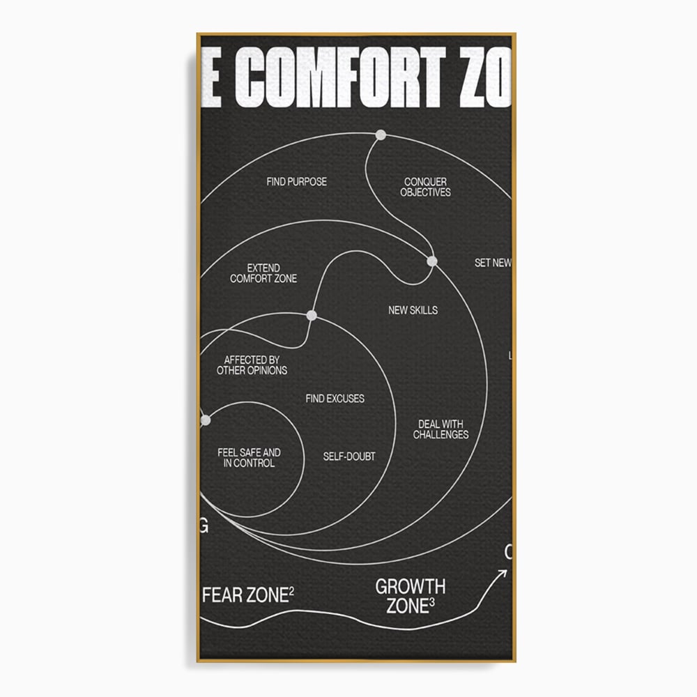 Tablou canvas cu ilustratie motivationala grafica zonele de confort, in rama de aluminiu auriu