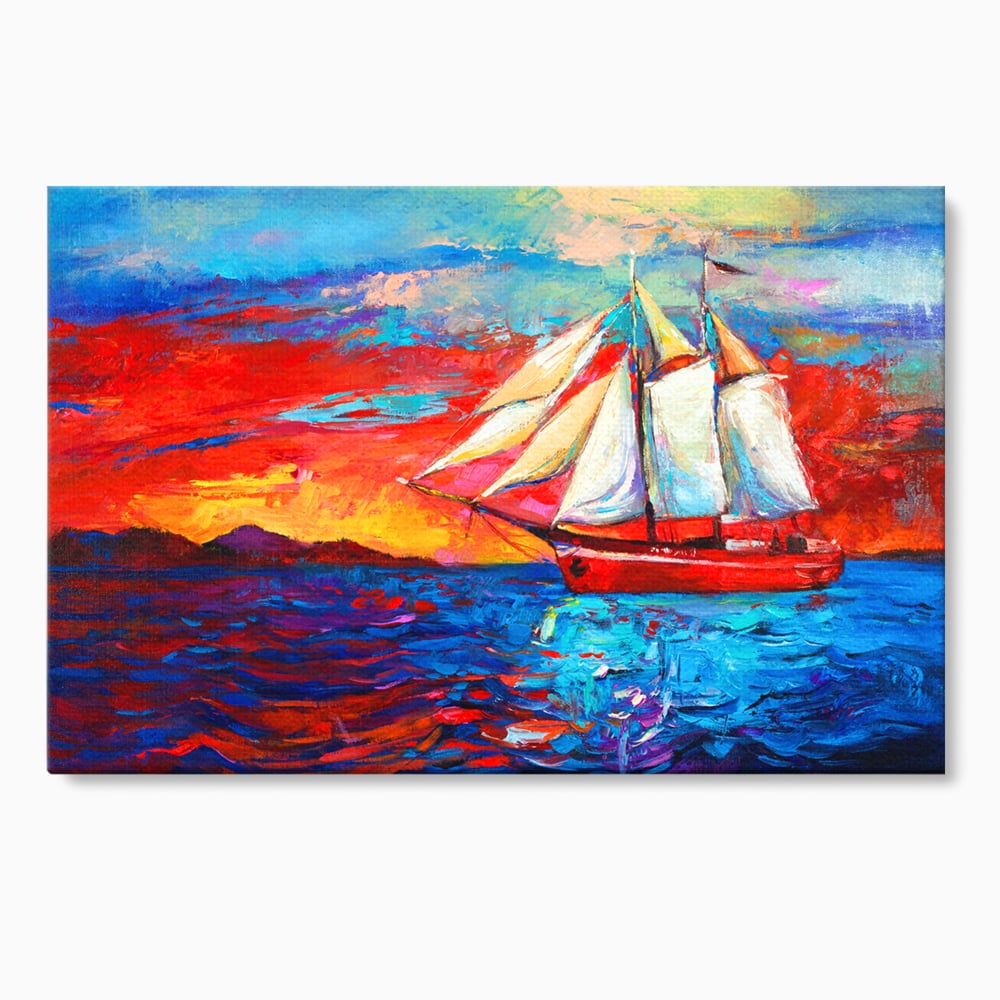 Tablou canvas cu tablou canvas cu vapor cu vele pe mare, fara rama, pe sasiu de lemn