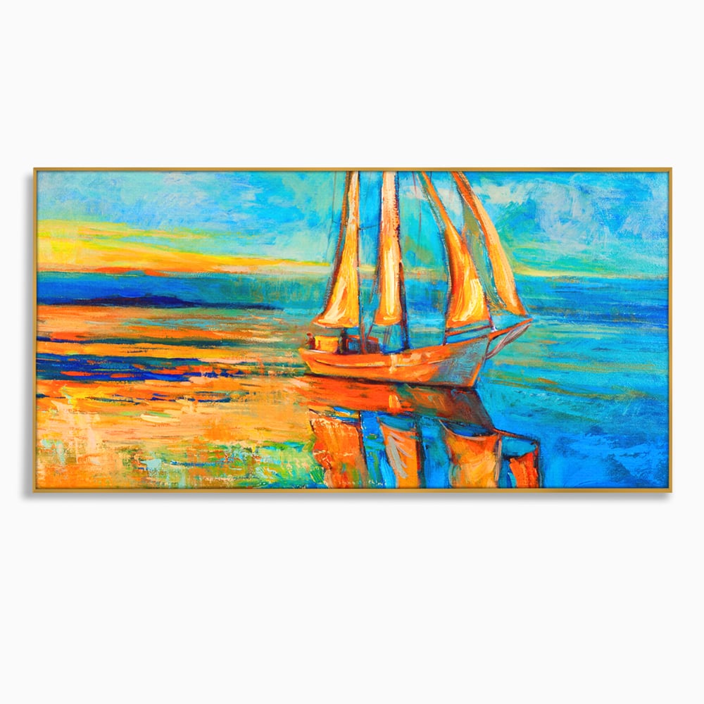 Tablou canvas cu tablou canvas cu barca cu panze pe marea portocalie, in rama de aluminiu auriu