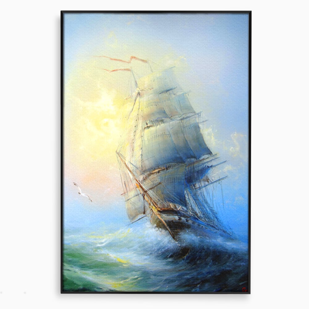 Tablou canvas cu pictura cu vapor pe valuri furtunoase, in rama de aluminiu negru