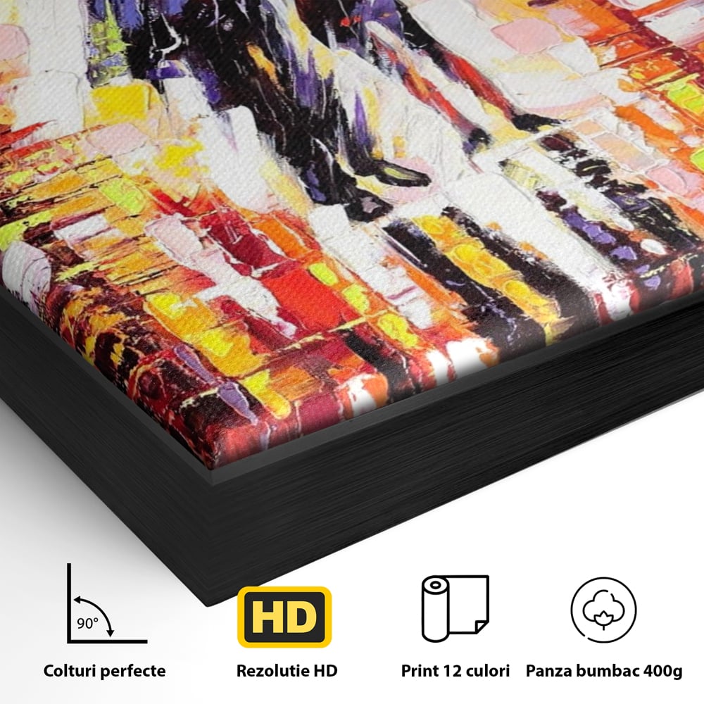Detaliu al suprafetei: tablou canvas cu cuplu sub umbrela, in rama de aluminiu negru