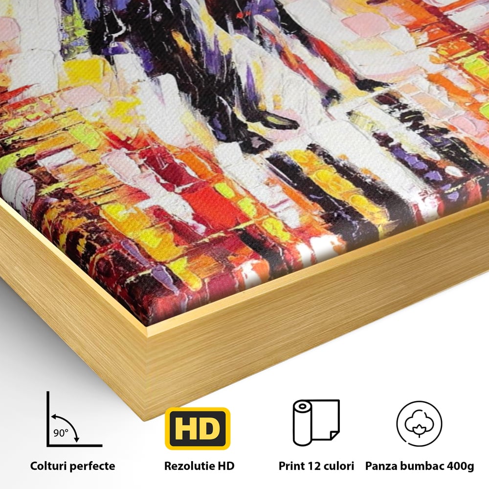 Detaliu al suprafetei: tablou canvas cu cuplu sub umbrela, in rama de aluminiu auriu