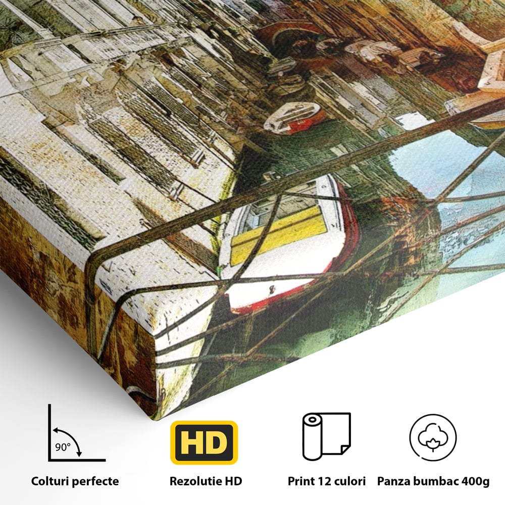 Detaliu al suprafetei: tablou canvas cu peisaj venetian, fara rama, pe sasiu de lemn