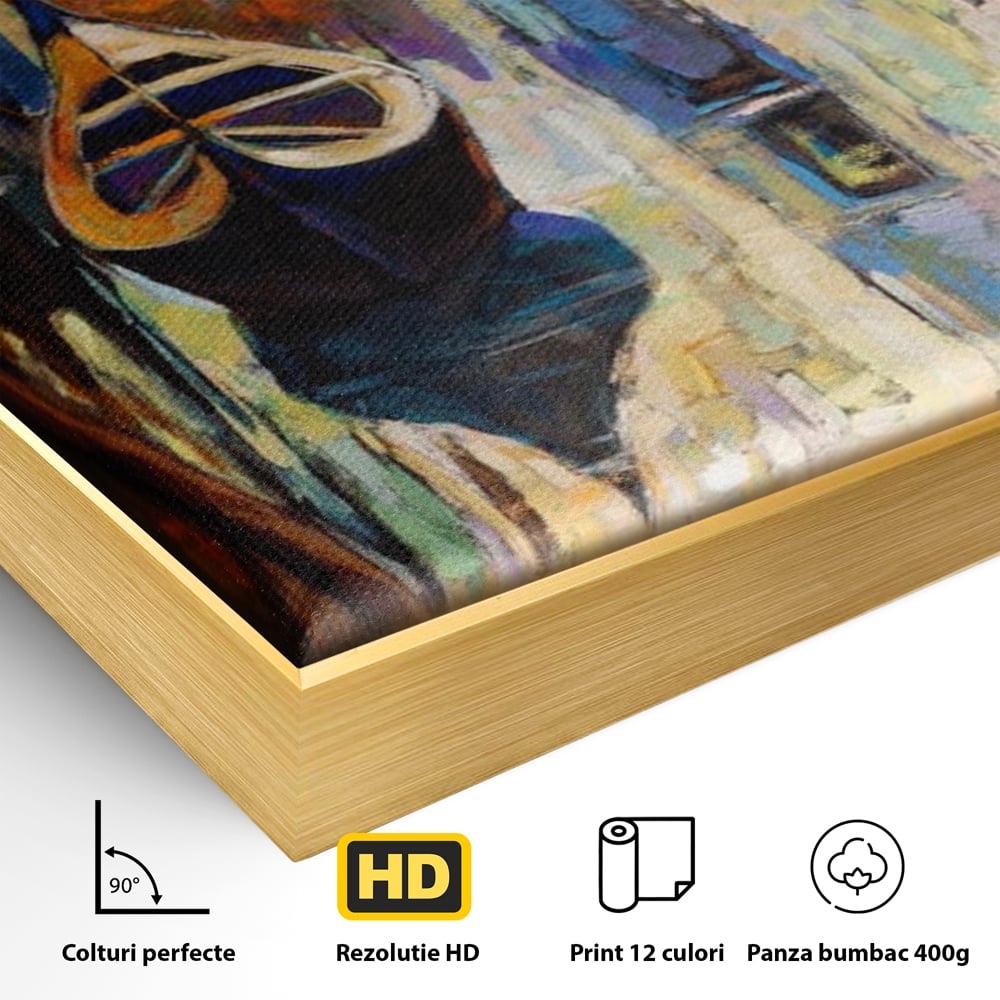 Detaliu al suprafetei: pictura canvas cu gondole in venetia, in rama de aluminiu auriu
