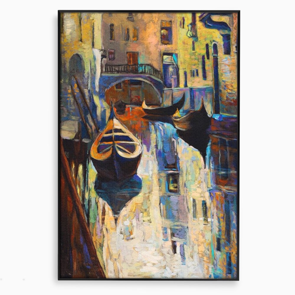 Tablou canvas cu pictura canvas cu gondole in venetia, in rama de aluminiu negru